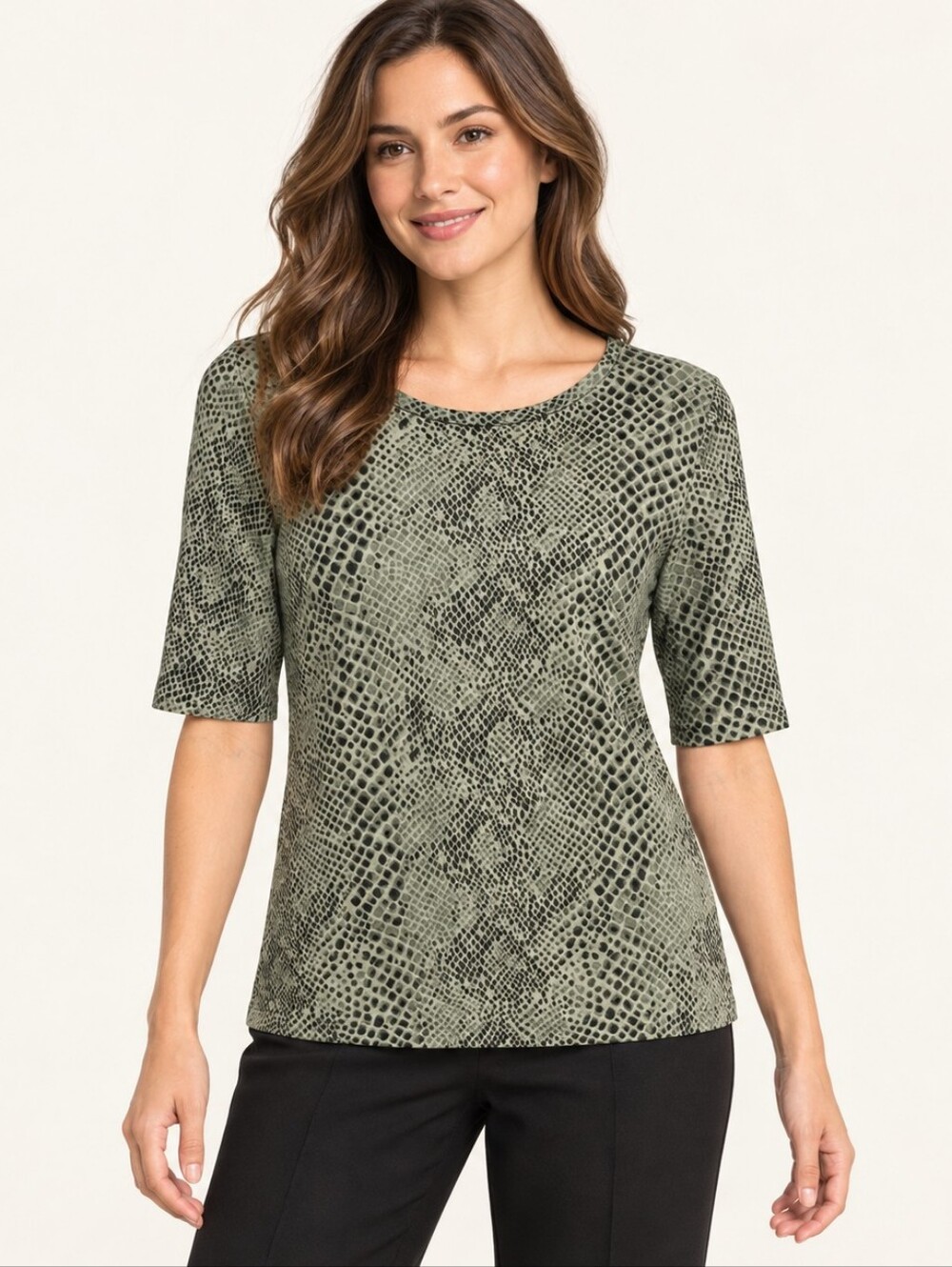 Isaac Mizrahi NWT Sage Green Snake Print Pima Cotton Elbow Sleeve Top Size Small